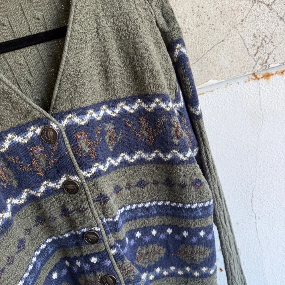Vintage Cardigan Northern Reflections Sweater Fair Isle Owl Button Knit 90s Cozy